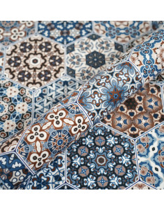 Tkanina HEXAGONY 02 SOFT VELVET ( hexagony mandala niebiesko - beżowe ) 2