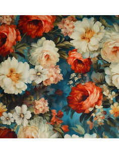 Tkanina OGRÓD 01 WONDER VELVET (BIAŁO CZERWONE KWIATY NA TURKUSOWYM TLE )