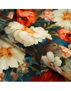 Tkanina OGRÓD 01 WONDER VELVET (BIAŁO CZERWONE KWIATY NA TURKUSOWYM TLE ) 2